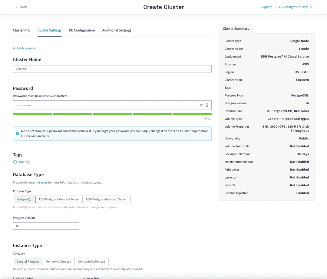 Quickstart Create Cluster - Cluster Settings